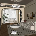 Elegant Living Room Interior Featuring Cream Sofa Ornate Chandelier Herringbone Flooring And Geometric Rug