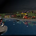 Christmas Amusement Park With Santa Claus Snowman Pool Castle Buildings Sunset Reindeer Sleigh