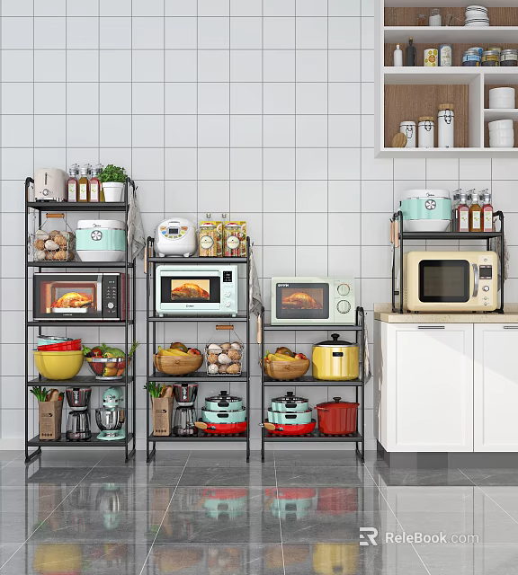 Organized Kitchenware Storage with Metal Shelves Microwaves Pots Bowls and Spices 3d model 