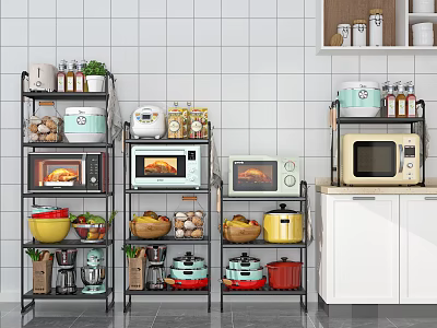 Organized Kitchenware Storage with Metal Shelves Microwaves Pots Bowls and Spices 3d model