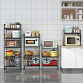 Organized Kitchenware Storage with Metal Shelves Microwaves Pots Bowls and Spices