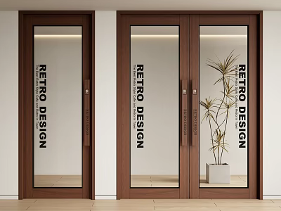 Retro Design Wooden Double Doors With Glass Panels And Potted Plant 3d model