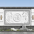Chinese Style Decorative Wall Featuring Central Fu Character Relief Intricate Carvings Side Lanterns Rockery Plants