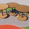 Three Circular Roof Landscape Pavilions With Wooden Benches And People Sitting Under Blue Sky