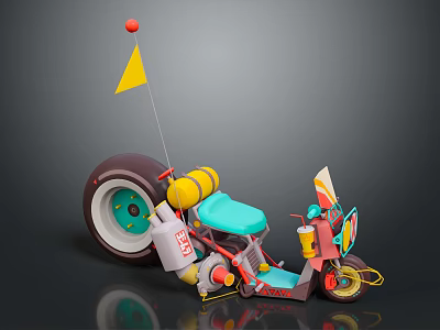 Vibrant Colorful Motorcycle With Yellow Flag Big Wheel And Blue Seat Design 3d model