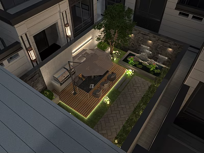 Modern Courtyard Garden Design With Outdoor Seating Greenery And Ambient Lighting 3d model