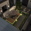 Modern Courtyard Garden Design With Outdoor Seating Greenery And Ambient Lighting