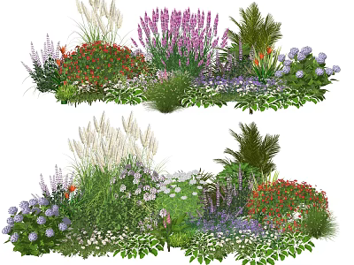 Mixed Plant Combination With Purple Red White Flowers And Green Foliage 3d model