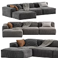 Gray Velvet Sectional Sofa With Decorative Pillows Throw Blanket And Ottoman 3d model