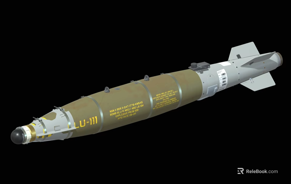 Military Missile LU111 Featuring Green Body Yellow Markings Text Labels And Tail Fins 3d model 