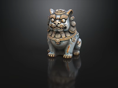 Traditional Lion Shaped Ornamental Decorative Figurine Set With Gold Accents And Intricate Patterns 3d model