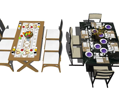Wooden and Marble Dining Table Sets With White Light Colored Chairs Tableware Fruits And Decorations 3d model