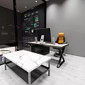 Modern Open Public Office Space Interior With Workstations Printers And Marble Walls