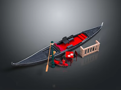 Traditional Gondola With Red Interior Wooden Oar Green Lamp Small Table Red Chair And Wooden Railing 3d model