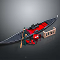 Traditional Gondola With Red Interior Wooden Oar Green Lamp Small Table Red Chair And Wooden Railing