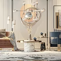 Modern Interior With Brown And Blue Leisure Chairs Marble Coffee Table Chandelier And Decorative Painting