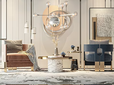 Modern Interior With Brown And Blue Leisure Chairs Marble Coffee Table Chandelier And Decorative Painting 3d model