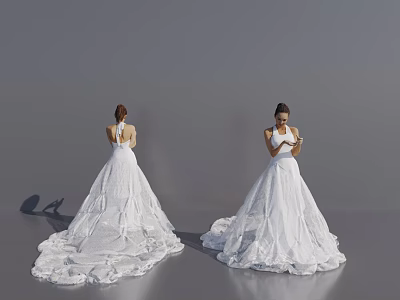 Women In White Wedding Dresses Back And Front View Holding Phone On Simple Gray Background 3d model