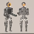 Silver Metallic Intelligent Robots With Yellow Circular Headlights Standing Face to Face Interacting