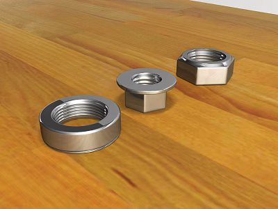 Stainless Steel Hardware Nuts Various Types On Wooden Tabletop 3d model