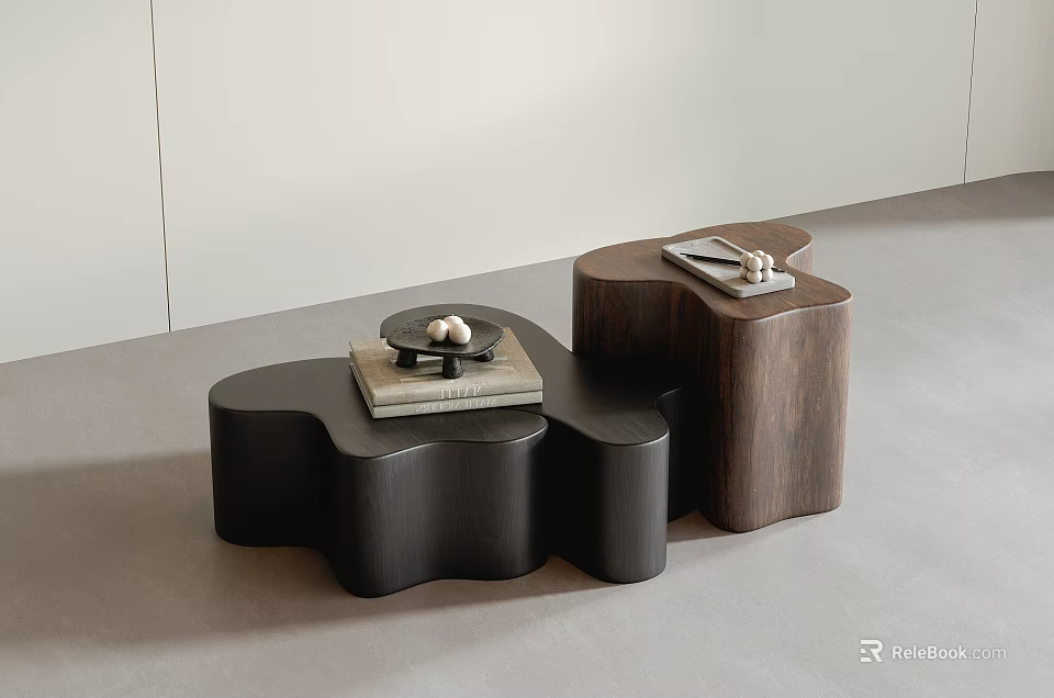 Modern Black and Brown Irregular Shaped Coffee Tables with Books and Small Items 3d model 