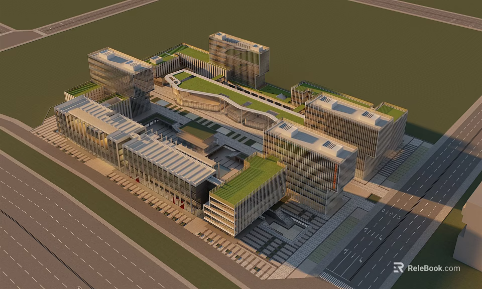 Modern Industrial Factory Complex With Green Roofs Glass Facades And Surrounding Roadways 3d model 