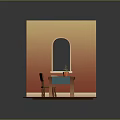 Dining Chair By Table Blue Tablecloth Plant Arched Window On Orange Yellow Gradient Wooden Floor