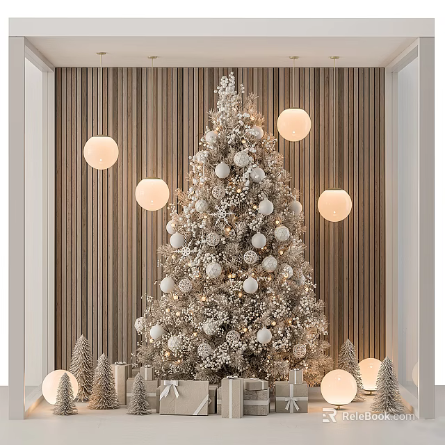 Decorated Pine Tree With White Ornaments Round Pendant Lights Striped Wall Small Trees And Gifts 3d model 