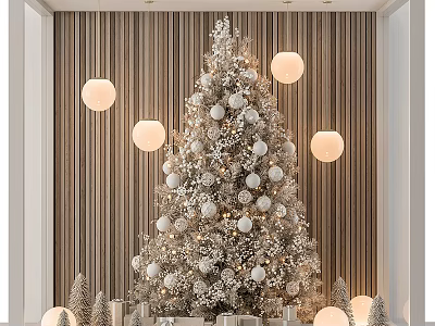 Decorated Pine Tree With White Ornaments Round Pendant Lights Striped Wall Small Trees And Gifts 3d model