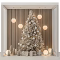 Decorated Pine Tree With White Ornaments Round Pendant Lights Striped Wall Small Trees And Gifts