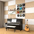 Piano Room Interior With Black Piano Music Sheets Acoustic Guitar And Wall Decorations