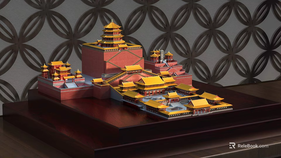 Ancient Traditional Chinese Architecture Model With Yellow Roofs Red Walls And Courtyard Design 3d model 