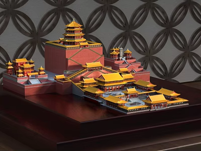 Ancient Traditional Chinese Architecture Model With Yellow Roofs Red Walls And Courtyard Design 3d model
