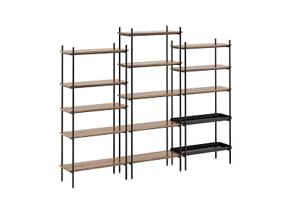 Modern Open Shelving Unit With Multiple Wooden Tiers And Black Metal Frame Structure 3d model