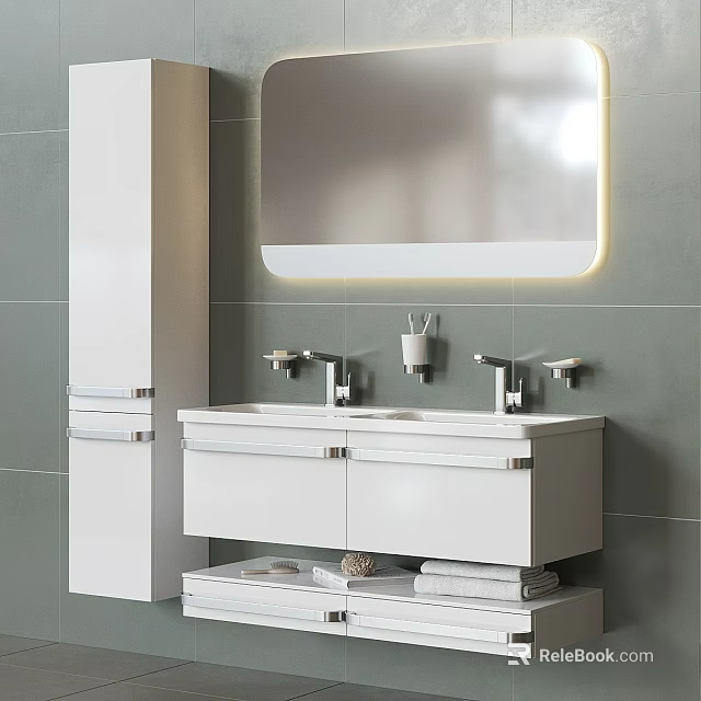Sleek White Bathroom Vanity With Green Wall Mirror And Modern Faucets 3d model 