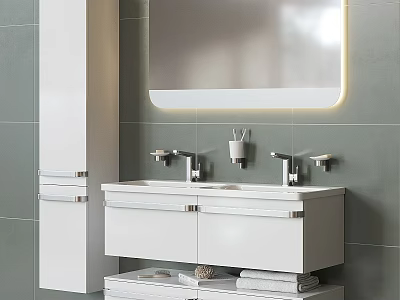 Sleek White Bathroom Vanity With Green Wall Mirror And Modern Faucets 3d model