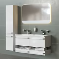 Sleek White Bathroom Vanity With Green Wall Mirror And Modern Faucets