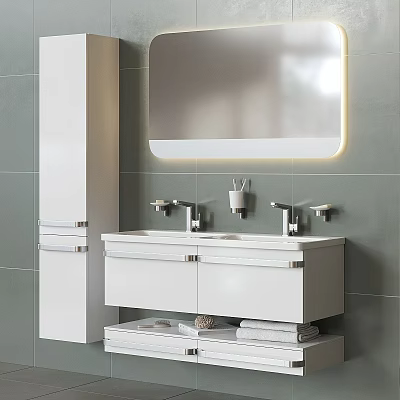 Sleek White Bathroom Vanity With Green Wall Mirror And Modern Faucets 3d model