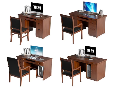Wooden Office Desk With Black Chair Computer Monitor Clock And Office Supplies 3d model