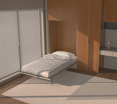 Japanese Style Bedroom Interior With Sliding Doors Tatami Bed And Wooden Wardrobes 3d model