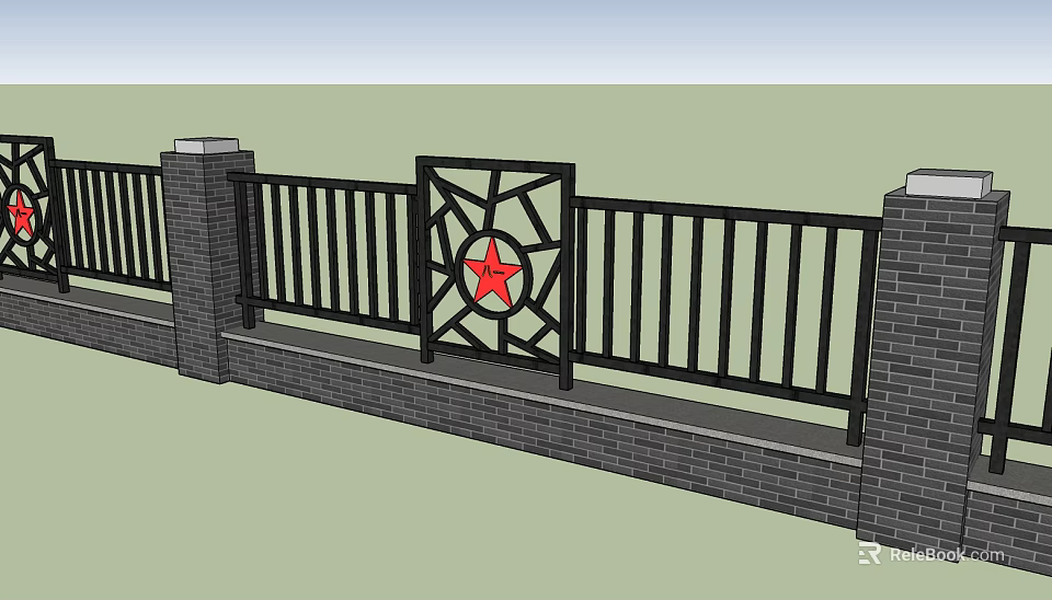 Building Exterior Wall With Red Brick And Black Wrought Iron Railing Central Red Star Decoration 3d model 