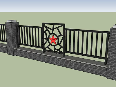 Building Exterior Wall With Red Brick And Black Wrought Iron Railing Central Red Star Decoration 3d model