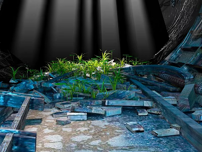 Ancient Scene With Ruins Scattered Stones Green Grass And Wooden Structures 3d model
