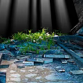 Ancient Scene With Ruins Scattered Stones Green Grass And Wooden Structures