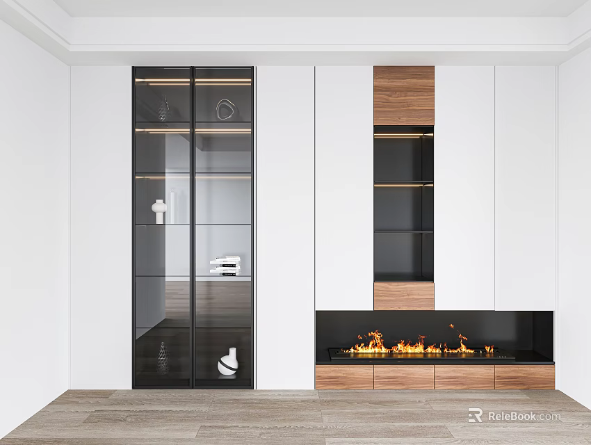 Modern Sleek Wardrobe With Glass Doors White Cabinets And Wooden Shelves 3d model 