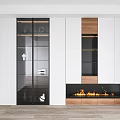 Modern Sleek Wardrobe With Glass Doors White Cabinets And Wooden Shelves