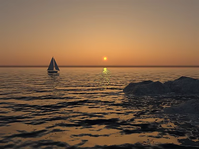 Peaceful Garden Landscape With Calm Water Sailboat Rocks And Golden Sunset 3d model