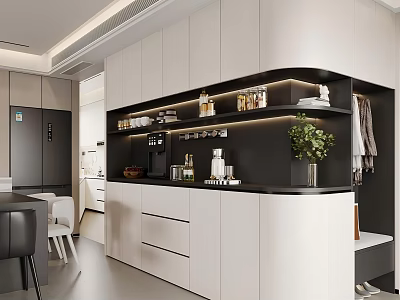 Modern White Sideboard with Black Countertop Open Shelves Dinnerware Glassware and Green Plant in Kitchen 3d model