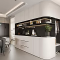 Modern White Sideboard with Black Countertop Open Shelves Dinnerware Glassware and Green Plant in Kitchen