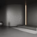 Modern Interior Space With Gray Floor Tiles Black Sphere Wooden Platform And Illuminated Column